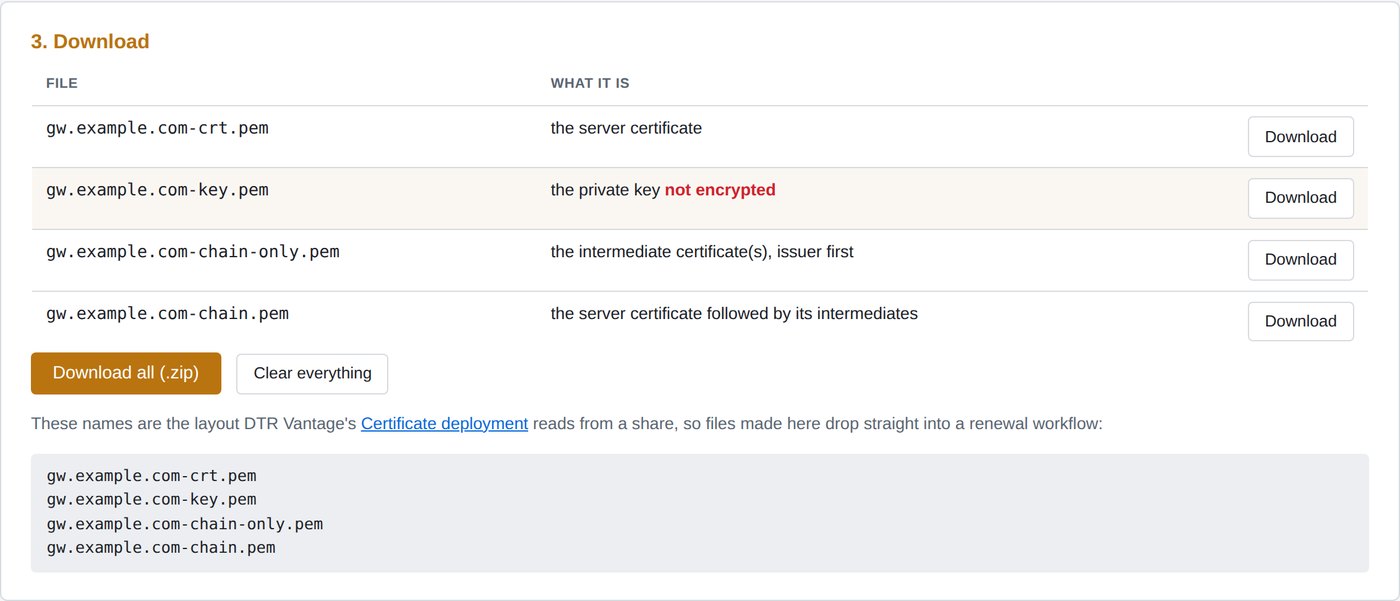 The converter's result: four files. gw.example.com-crt.pem is the server certificate; gw.example.com-key.pem is the private key, marked not encrypted; gw.example.com-chain-only.pem holds the intermediates, issuer first; gw.example.com-chain.pem is the certificate followed by its intermediates.
