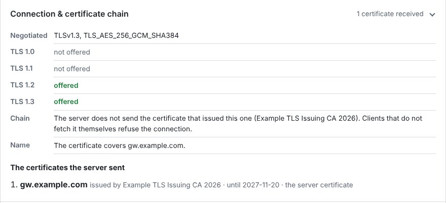 The check's Connection and certificate chain panel: negotiated TLS 1.3; TLS 1.0 and 1.1 not offered, TLS 1.2 and 1.3 offered; the chain explanation; the name covered; and the certificates the server sent, which is one: gw.example.com, issued by Example TLS Issuing CA 2026, the server certificate.