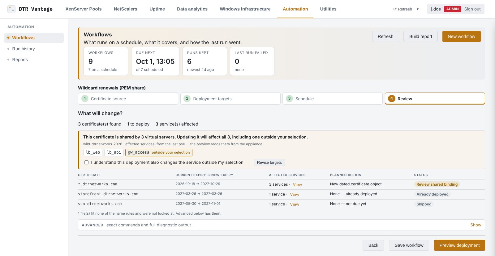 DTR Vantage's certificate deployment workflow at its Review step: three certificates found in the share, one to deploy, three services affected. A banner warns that the wildcard certificate is shared by three virtual servers, lb_web, lb_api and gw_access, including one outside the selection, and asks for acknowledgement. The table lists each certificate's current and new expiry, the services it affects, the planned action and its status.