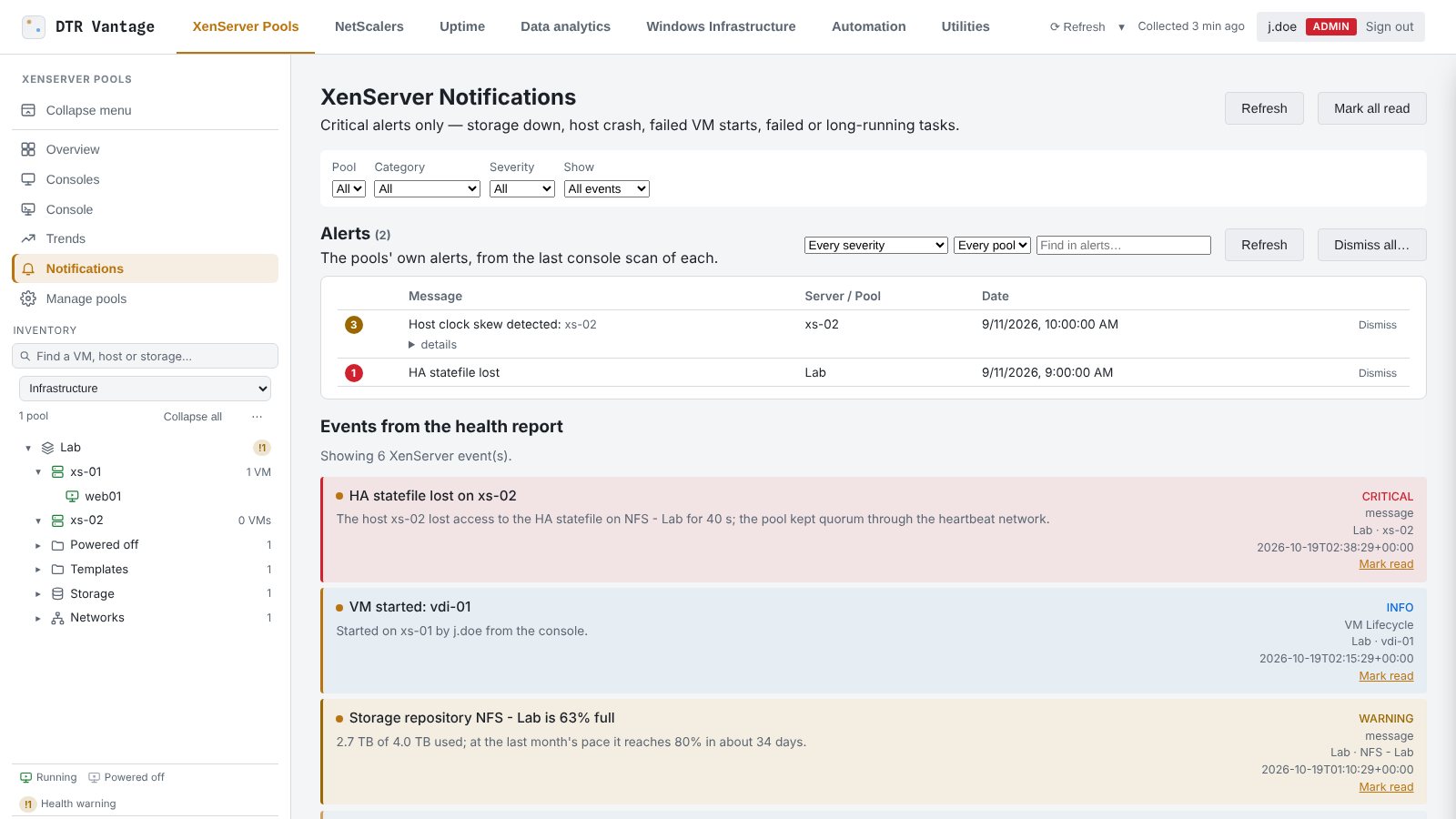 XenServer Notifications in DTR Vantage: filters for pool, category, severity and what to show; two pool alerts, a host clock skew on xs-02 and an HA statefile lost on the Lab pool; then events from the health report: HA statefile lost on xs-02 (critical), VM started (info), and a storage repository 63% full that will reach 80% in about 34 days at the last month's pace (warning).